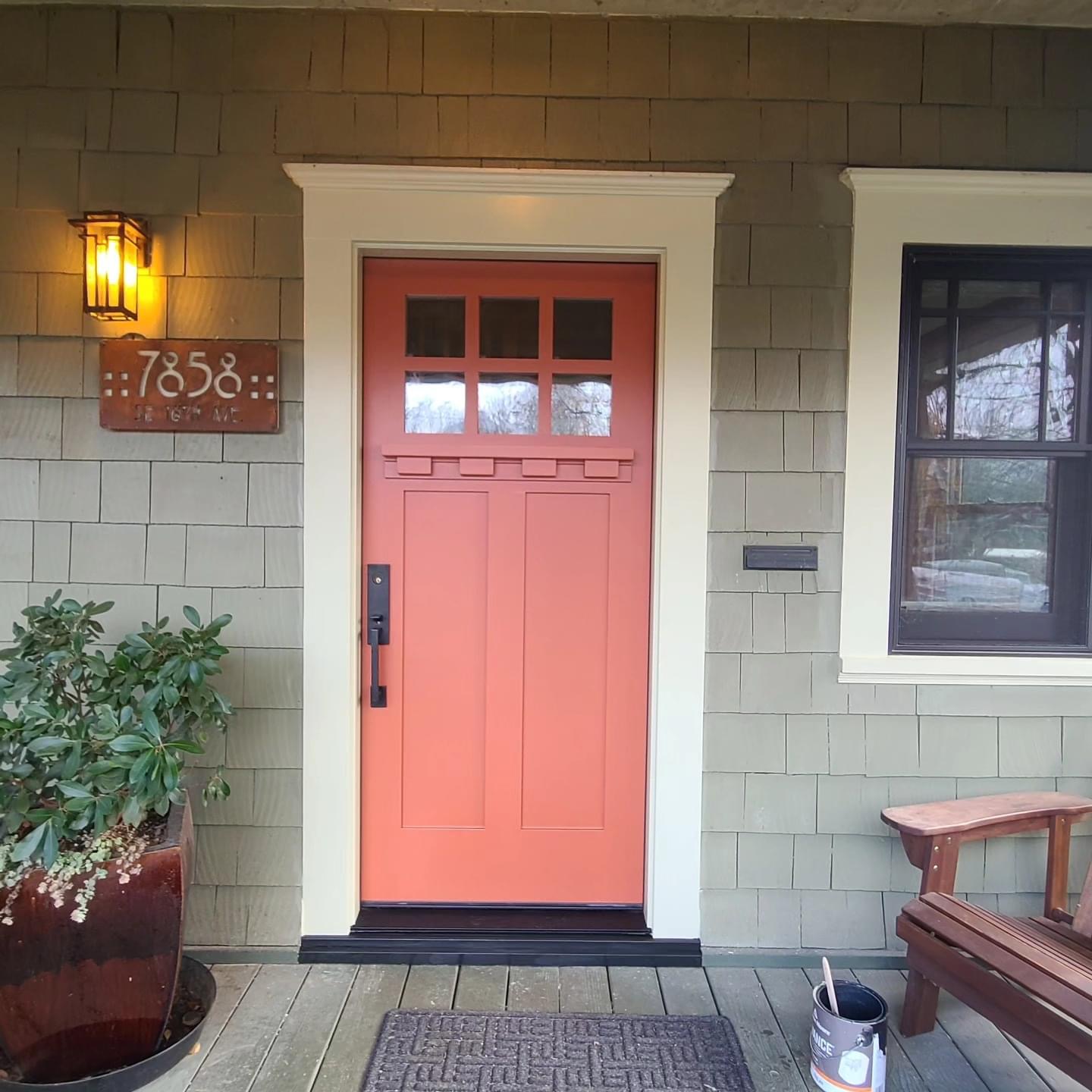Coral craftsman front door repainted, Portland metro